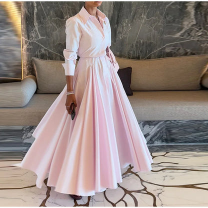 Women Summer Dress - Casual Striped Long Half Sleeve Slim Waist Mid-Calf Robe