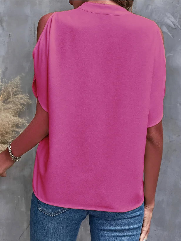Elegant V-Neck Women's Short-Sleeve Shirt - Solid Color, Notched Collar, Loose European & American Style Versatile Top