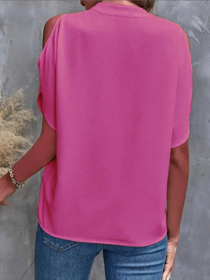 Elegant V-Neck Women's Short-Sleeve Shirt - Solid Color, Notched Collar, Loose European & American Style Versatile Top