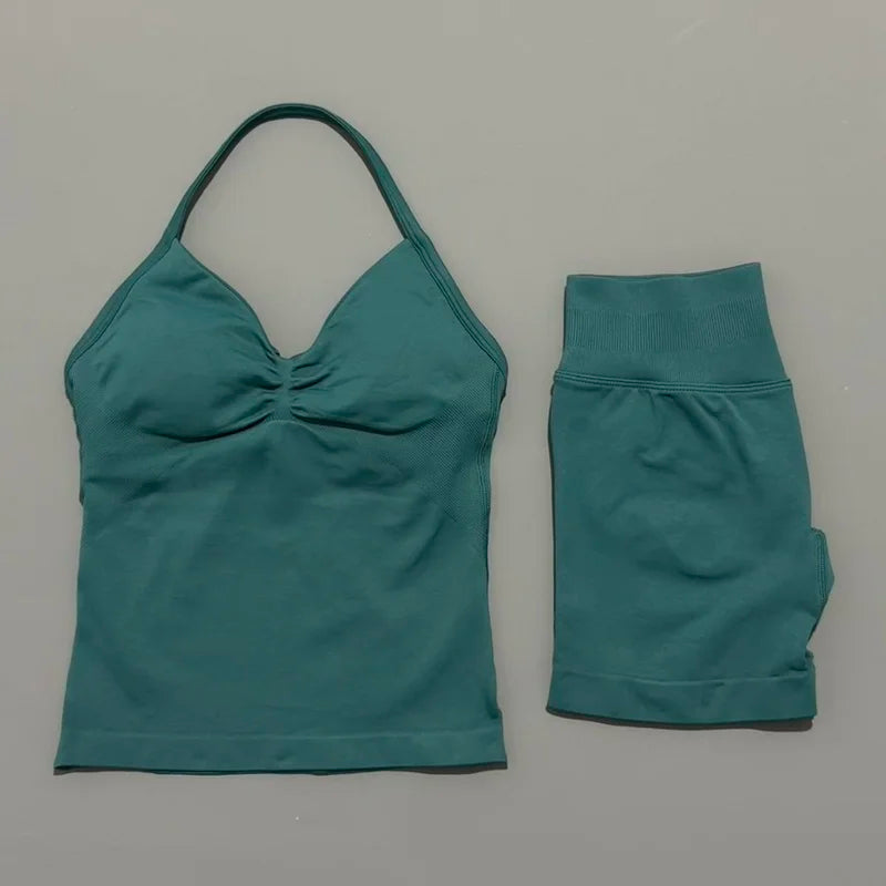 2Pcs HISTELLO Yoga Set Women Halter Tank Top Scrunch Butt Lifting Shorts Ruched Anti Chafe Quick Dry Gym Workout Sports Set