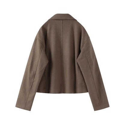 Brown Woolen Jacket - Women's Outerwear Zipper Coat With Elegant Lapel
