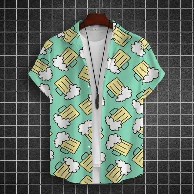 Hawaiian Shirt For Men 3d Beer Printed Short Sleeve Shirts Party Tees Summer Casual Tops Loose Oversized Clothing
