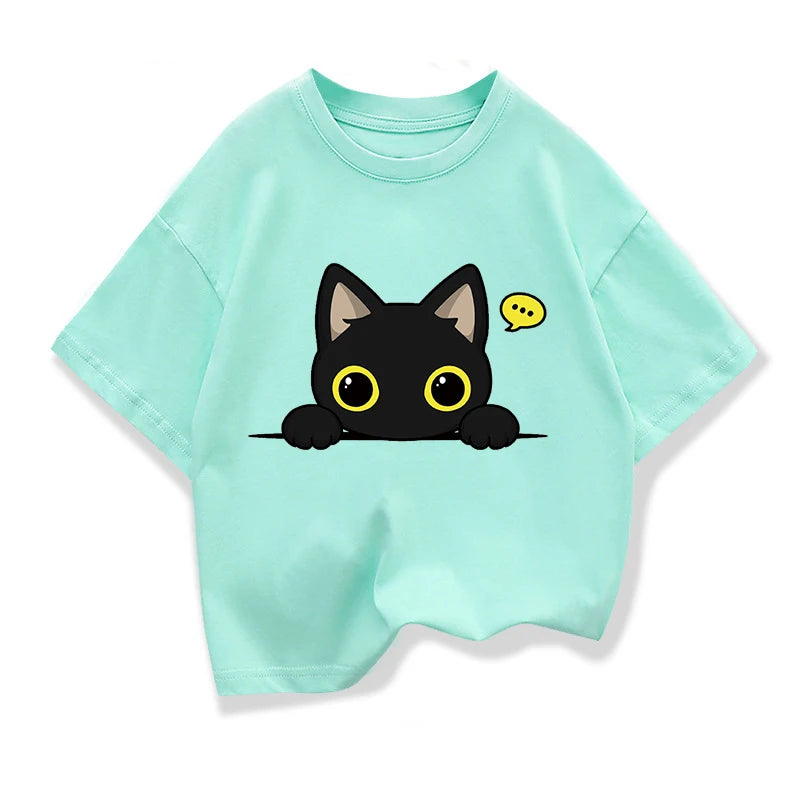 Original Design Summer Kids Clothing Short Sleeve tee t shirt Cute Black Cat Graphic Tee Tops Boys girls t shirts Pure Cotton