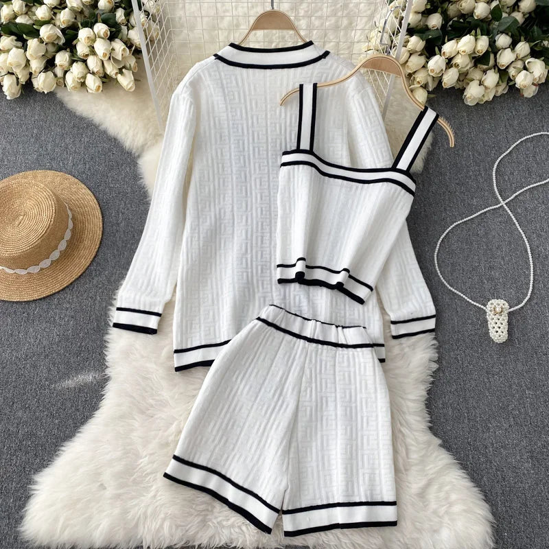 SINGREINY Autumn Knitwear 3PC Sets Long Sleeves Cardigan+Single Breasted Spaghetti Strap+High Waist Elastic Shorts Casual Suits