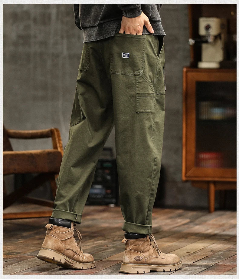HIQOR Men's Loose Profile Pants American Vintage Trousers For Men High Waist Army Green Men's Casual Pants Cargo Trousers Male