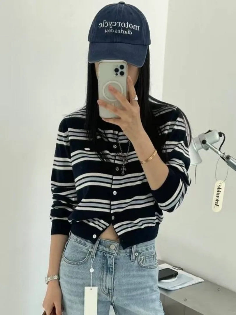 Spring New Classic Striped round Neck Button up Soft Knitted Open Cardigan Fashionable Design Sensation Women's Sweater