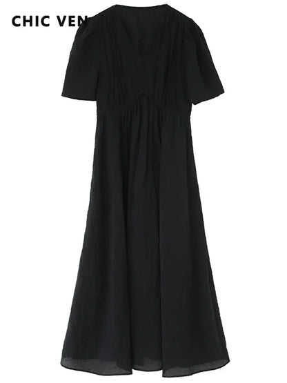 Vintage Puff Sleeve Dress - French Style Black Ankle Length Women Summer Casual Wear