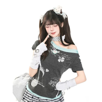 Kimutomo Women T Shirts Polka Dot Printed Short Sleeve Slim Grunge Gothic Y2k Aesthetic Harajuku Tops Ladies Fashion Casual Tee