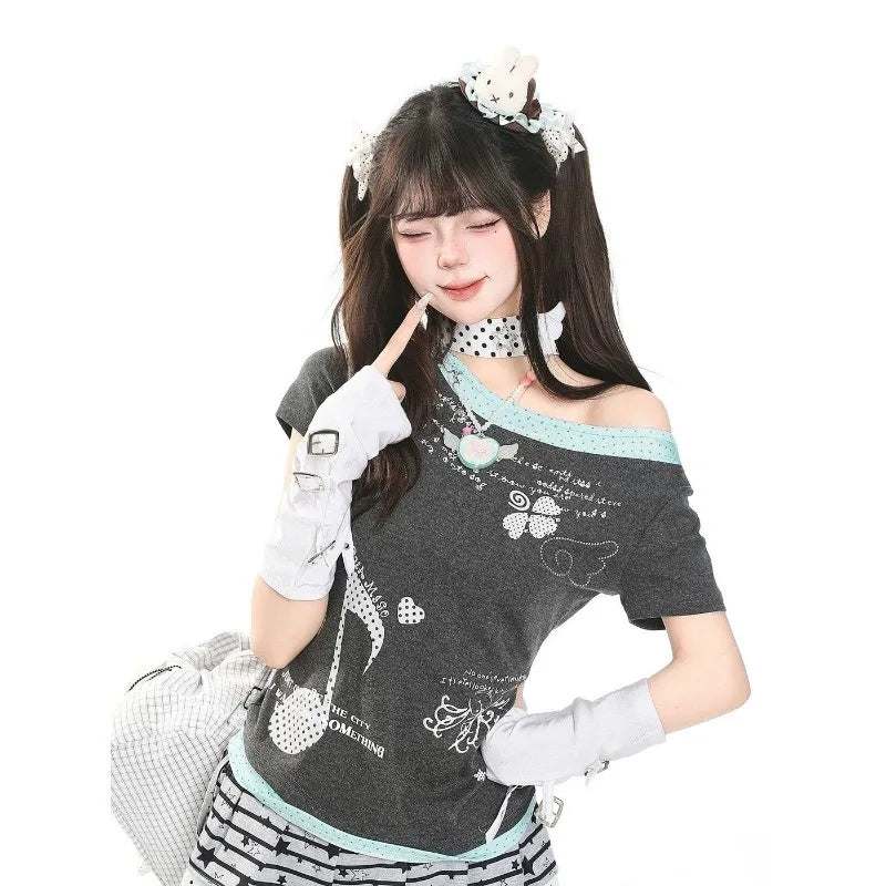 Kimutomo Women T Shirts Polka Dot Printed Short Sleeve Slim Grunge Gothic Y2k Aesthetic Harajuku Tops Ladies Fashion Casual Tee