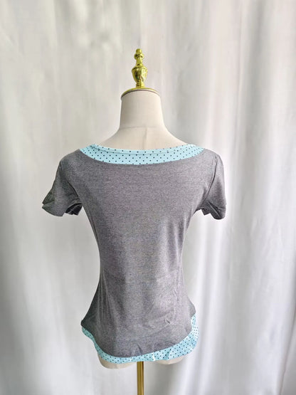 Kimutomo Women T Shirts Polka Dot Printed Short Sleeve Slim Grunge Gothic Y2k Aesthetic Harajuku Tops Ladies Fashion Casual Tee