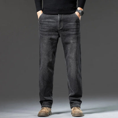 Men's loose straight leg jeans retro washed elastic casual pants suitable for all seasons versatile pants