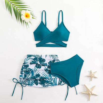 3pcs Swimming Suit for Girls Summer Beach Dress Swimsuit Tie-dye Printed Skirted Bikini Set Kids Bathing Suit