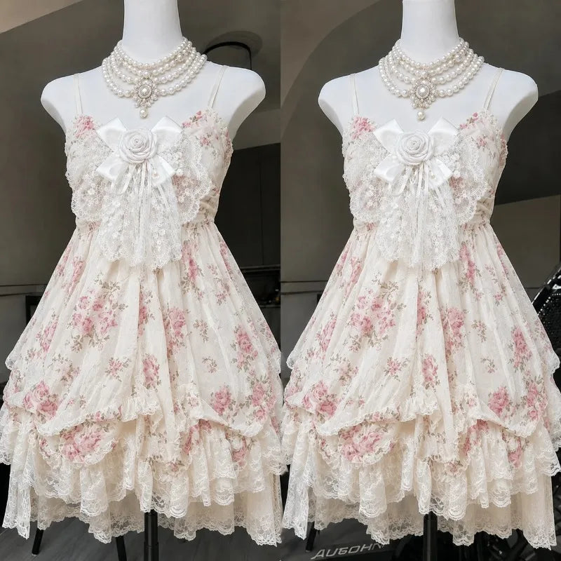 Gothic Retro Sweet Bud Mini Dress Women Harajuku Y2k Strap Dress Y2K Aesthetic Club Party Fashion Outfits