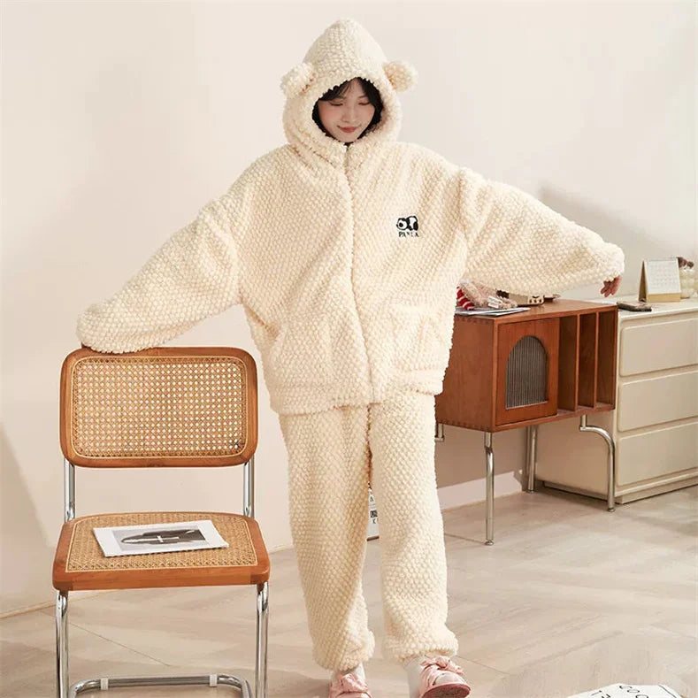 Autumn Winter Women's Sleepwear Flannel Pajamas Set Thick Fleece Nightwear Sets Warm Home Suits Hoodie Plus Pants