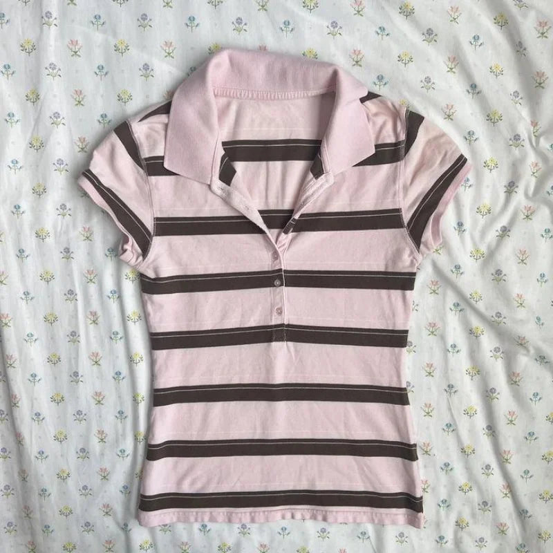 Y2k Crop Top Women Hot Girl Stripe Street Emo 2000s Cloth Summer Vintage Short Sleeve T-shirt Fashion Chic Classic Cute Baby Tee
