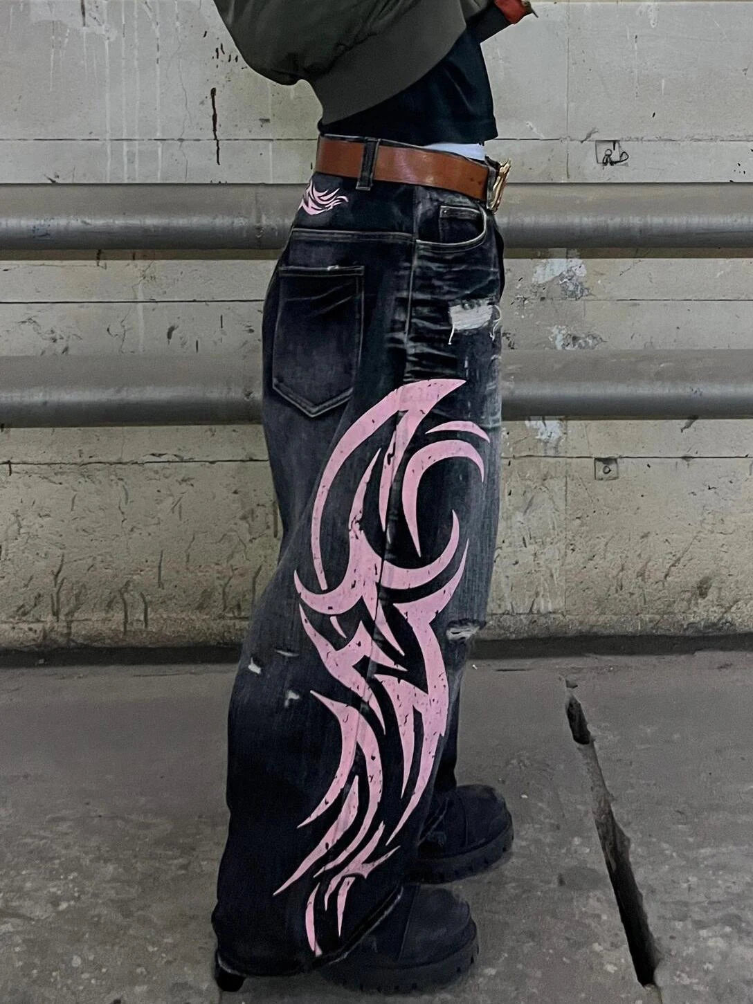 Men's Mottled Totem Print Jeans American Style Old Washed Wide Leg Retro Loose Fashion Trend Wide Leg Jeans Goth Pant Y2K Unisex
