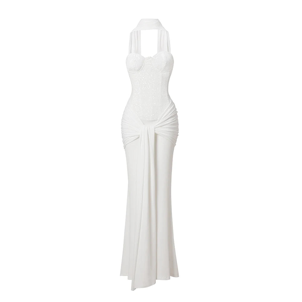 Luxury Evening Dress - White Velvet Strapless Mermaid Gown With Sequins