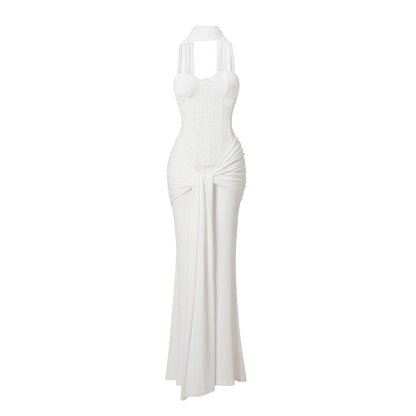 Luxury Evening Dress - White Velvet Strapless Mermaid Gown With Sequins