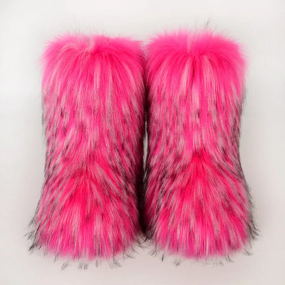 Women's Winter Snow Boots Outdoor Luxury Furry Faux Fox Fur Boots Woman Plush Warm Platform Shoes New Fashion Bottes Big Size 46