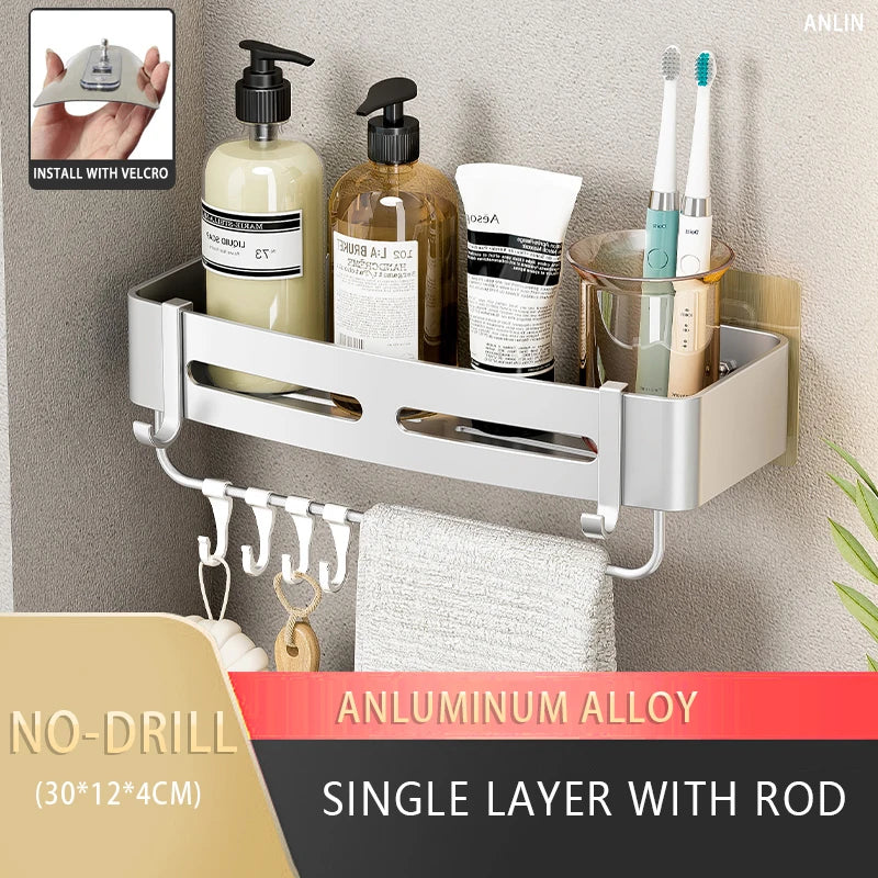 Aluminum Corner Shower Rack - Wall Mounted Bathroom Storage Organizer