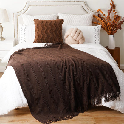 Caramel Knit Throw Blanket - Lightweight Plaid Blanket for Couch and Bed