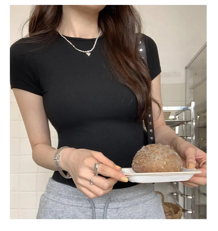 Basic Solid Crop Top Short Sleeve Crewneck Skinny T-shirt Summer Casual Tee for Women Y2K Vintage Top Harajuku Streetwear