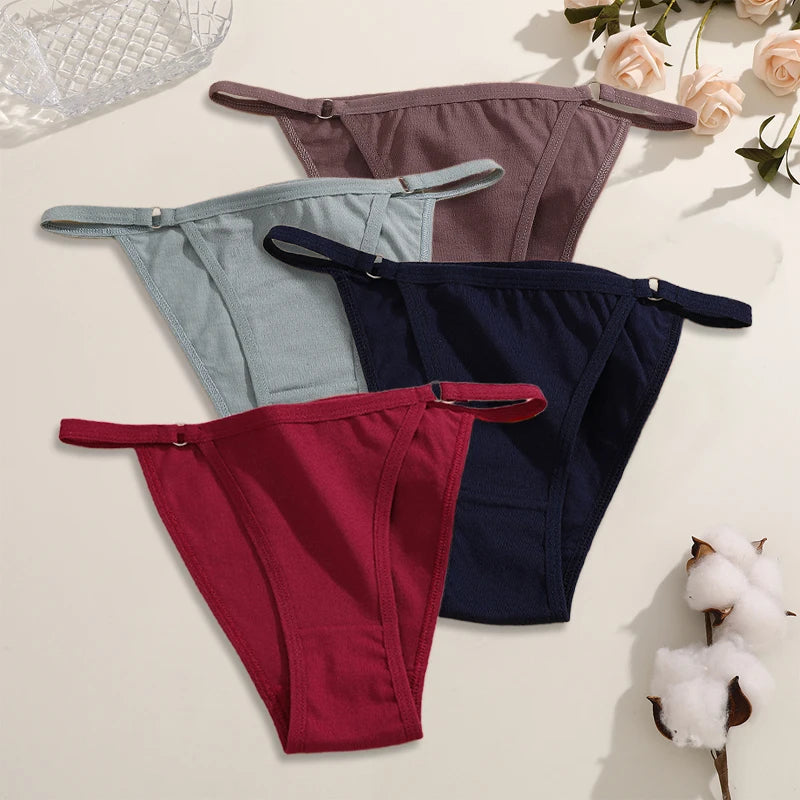 FINETOO 4Pcs Women's Cotton Panties Sexy Metal Ring Waist Underwear Solid Breathable Panties Ladies Soft Briefs Comfort Lingerie