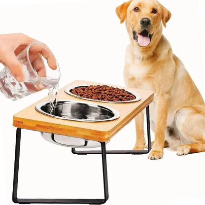 Elevated Cat Bowl Wooden 15° Tilted Raised Pet Bowl Stand with 2/3 Stainless Steel Bowl Neck Protection Dog Feeder Pet Supplies