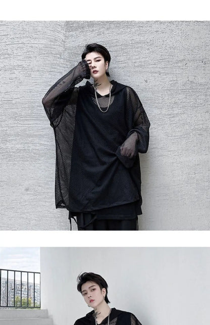 2024 Summer Dark Hollowed Out Mesh Hoodies T-shirt For Men Women Long Sleeves Loose Hooded Mesh Transparent Shirts