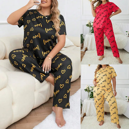 Women's Plus Size Sleepwear Heart Letters Print Pajama Set Casual Short-Sleeve Top and Pants Comfortable Relaxed Fit Loungewear