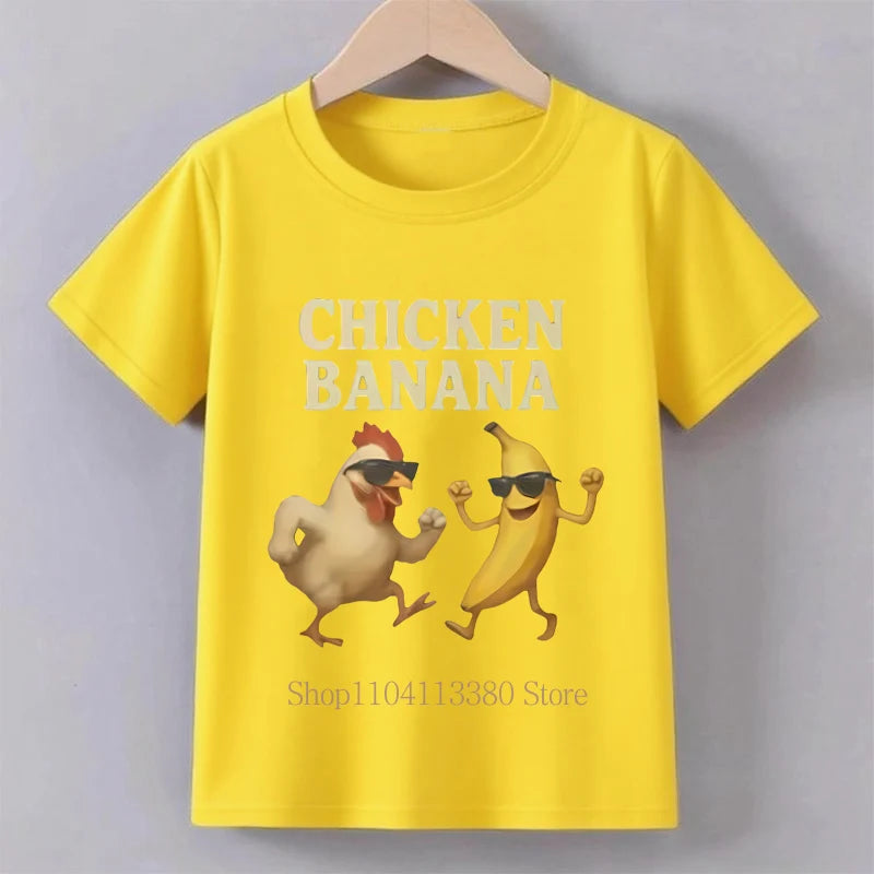 Banana Chicken Print Children T-shirts Summer Casual Fashion Funny Meme Short Sleeve Kids Tops Colorful O-Neck T-shirts