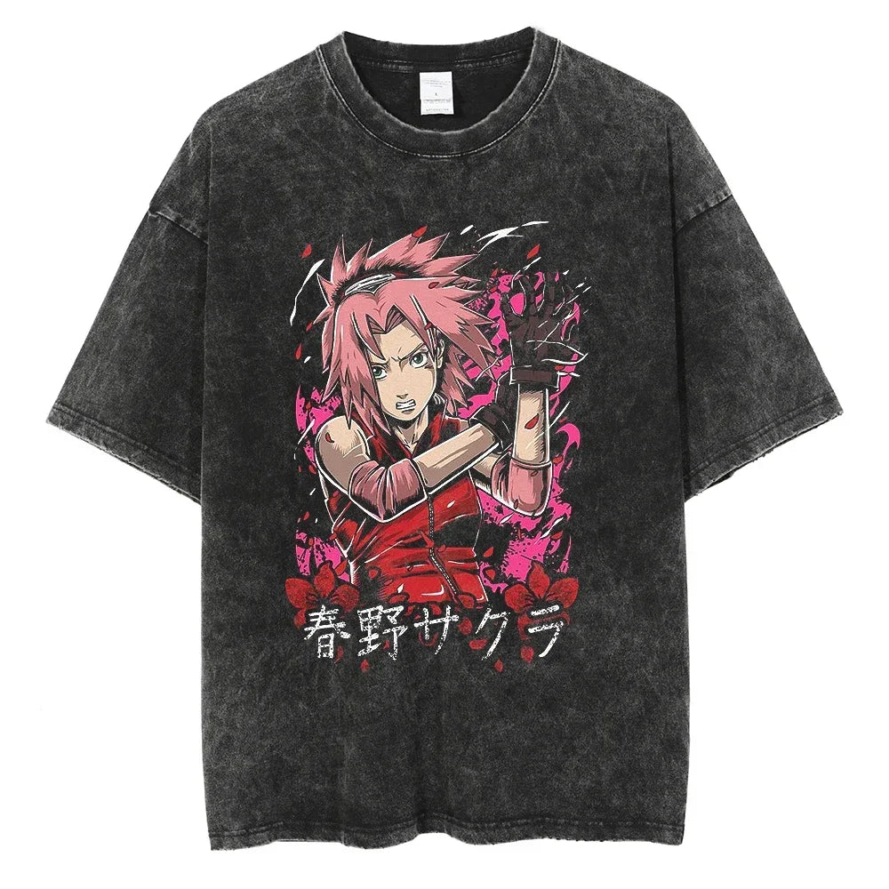 Japanese Anime Naruto Vintage Tshirt Harajuku Streetwear Men Washed T-Shirt Cotton Tops Fashion Summer Short Sleeve Tees Shirts