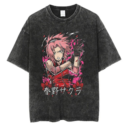 Japanese Anime Naruto Vintage Tshirt Harajuku Streetwear Men Washed T-Shirt Cotton Tops Fashion Summer Short Sleeve Tees Shirts