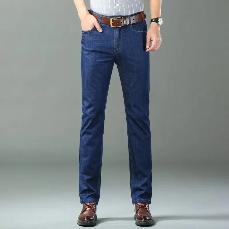 Mens Lightweight Blue Denim Jeans - Stretch Cotton Straight Pants for SpringSummer Casual Wear - ZOOMNSTORE