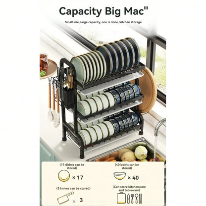 3-Tier Dish Drying Rack, Large Capacity Dish Drainer Rack With Removable Drain Tray, Kitchen Countertop Organizer For Plates Bow