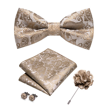 Champagne Silk Jacquard Paisley Bow Tie Set - Pre-tied Bowtie Brooch Hanky  Cufflinks for Weddings  Business