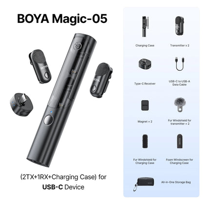 BOYA BOYA Magic Wireless Lavalier Microphone 4 Forms in 1 Mic for iPhone Android USB-C Phone Camera for Interview Live Streaming