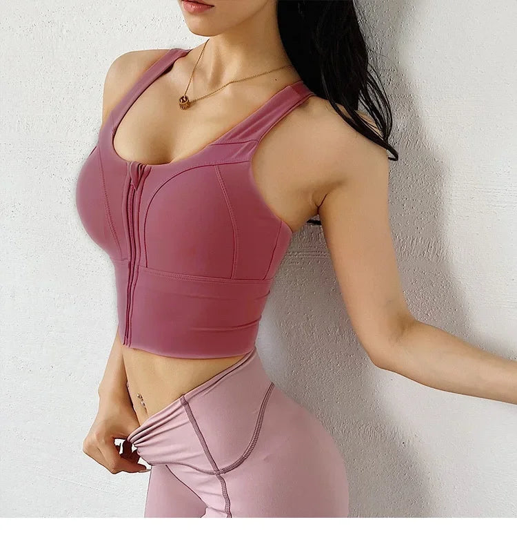 Front Zipper Sports Bra - Women's Athletic Crop Top, Push Up Wireless Fitness Tank