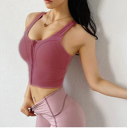 Front Zipper Sports Bra - Women's Athletic Crop Top, Push Up Wireless Fitness Tank