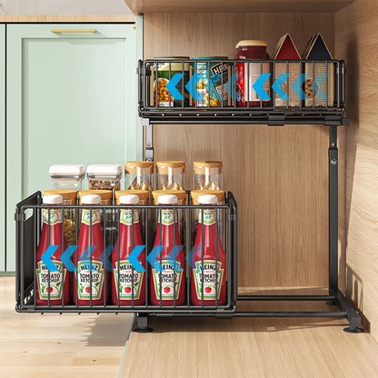 Adjustable 2-Tier Pull-Out Cabinet Organizer - Under Sink Storage Rack for Spice Jars - ZOOMNSTORE