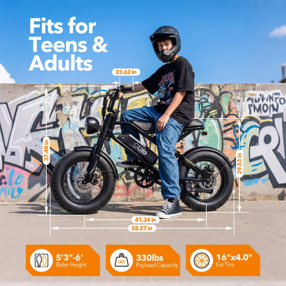 Qlife Spark D1 Electric Bike for Adults, 1500W Peak Motor 48V 10.4 Ah, 16" Fat Tires Electric Mountain Bike, 28 MPH 50Mi Range Off-Road Ebike with Full Suspension