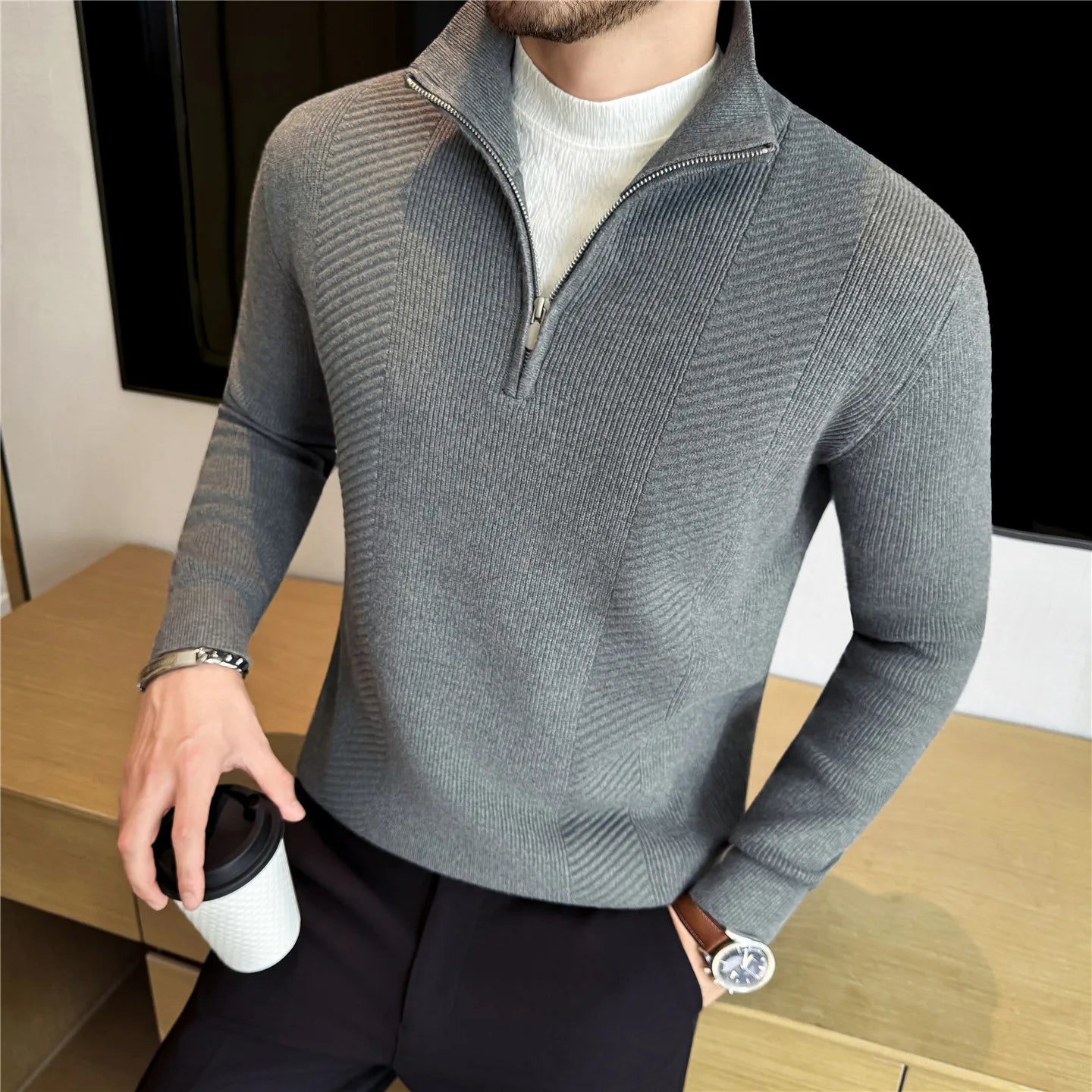 Men's Semi-Zip Knit Sweater - White (Gray/Black)  Winter Weight Fabric Fashionable Semi-High Neck Daily Wear