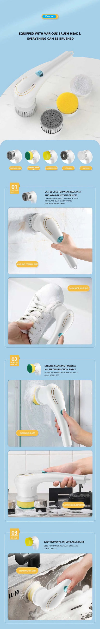 Usb Rechargeable Kitchen Dishwashing Brush Sink Cleaner Bathroom Bathtub Clean Brush Spin Scrubber Electric Cleaning Brush
