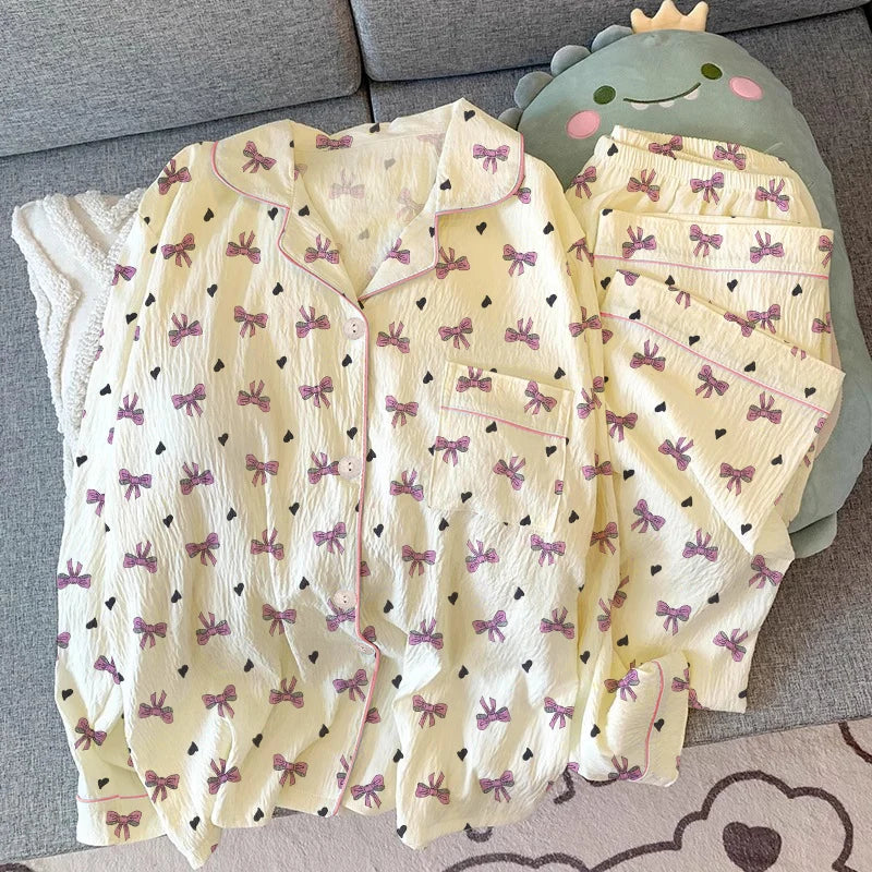 Pink Bow Dtie Pajama Set - Womens Long Sleeve Top  Elastic Waist Pants Harajuku Style Home Wear - ZOOMNSTORE