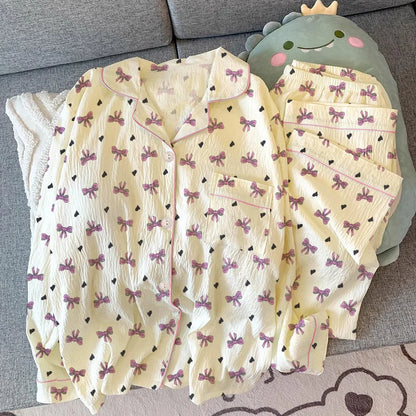 Pink Bow Dtie Pajama Set - Womens Long Sleeve Top  Elastic Waist Pants Harajuku Style Home Wear - ZOOMNSTORE