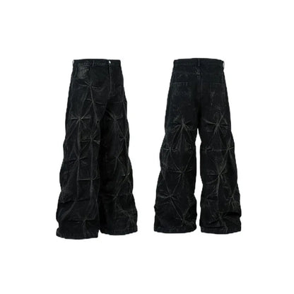 Mens Jeans Harajuku Y2K Streetwear Black Pleated Baggy Denim Pants High Street Hip Hop Wide Leg Loose Fit Casual Fashion Trend