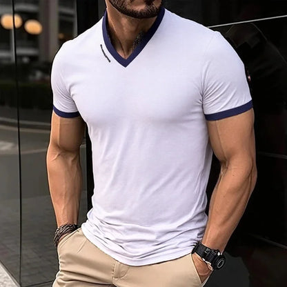 Men's V-Neck T-Shirt - Breathable Polyester Casual Tee, Solid Color Summer Top