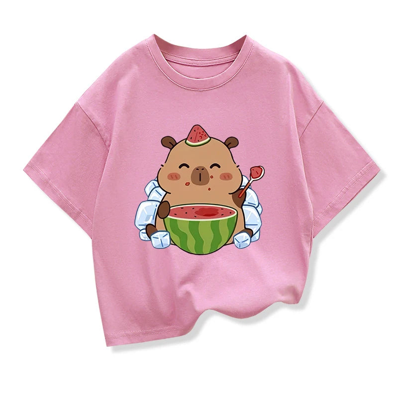 Summer New Capybara Watermelon Printed Cartoon Fashion Short Sleeve T-shirt Kids Clothing Tees Girls Loose Casual Tops T Shirts