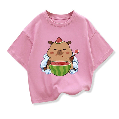 Summer New Capybara Watermelon Printed Cartoon Fashion Short Sleeve T-shirt Kids Clothing Tees Girls Loose Casual Tops T Shirts