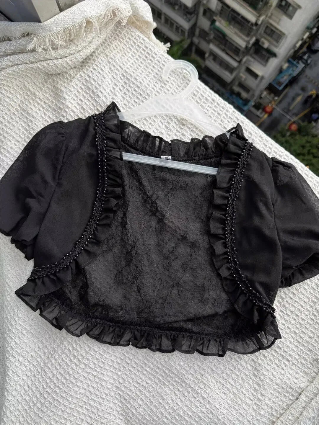 Aesthetic Gothic Lolita Black Lace 3 Piece Skirt Set Women Puff Sleeve Cardigan+Bow Cami Y2K Tops+Cake Mini Skirt Kawaii Outfit